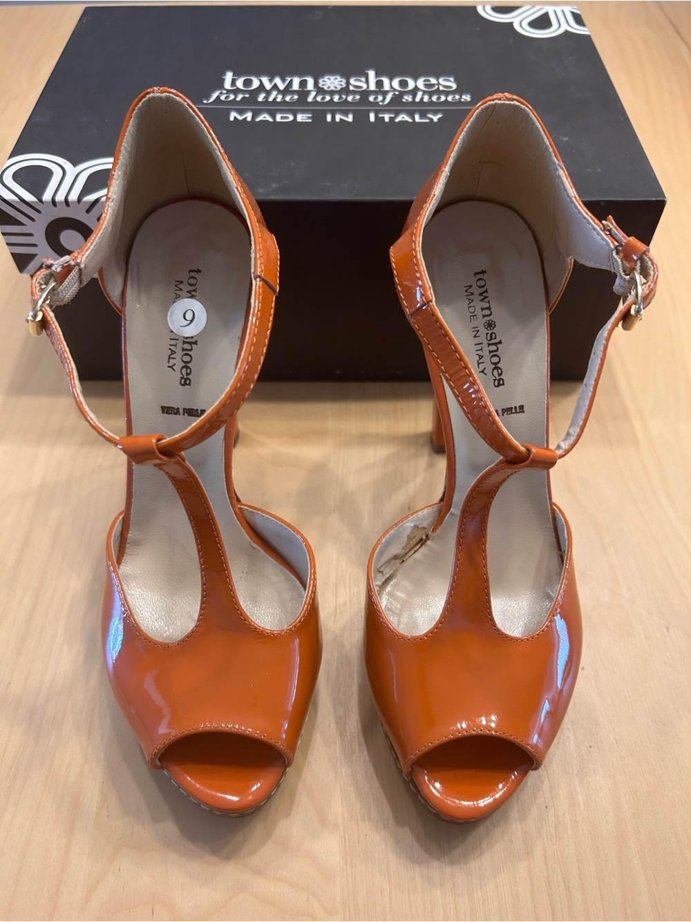 Orange Patent T-Strap Peep-Toe Heels